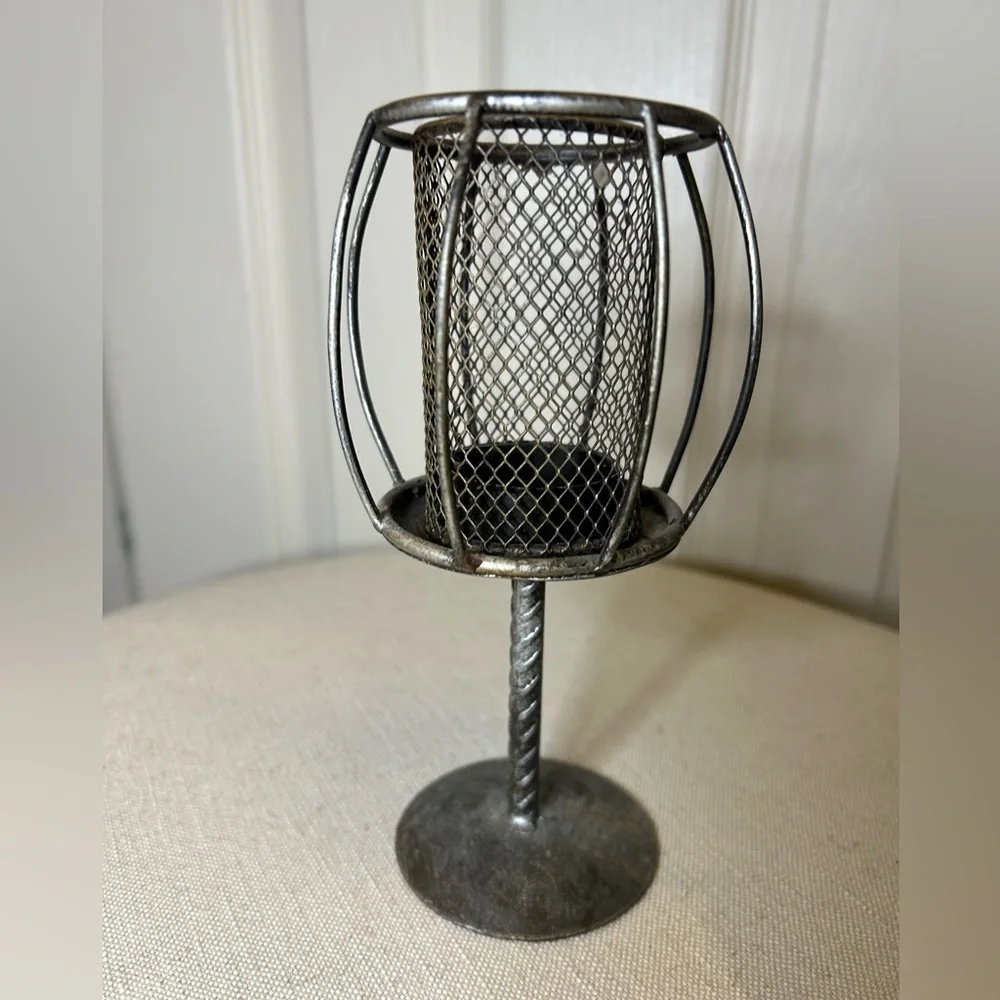 Silver Metal Votive Candle Holder With Round Base Removable Wire Mesh Surround